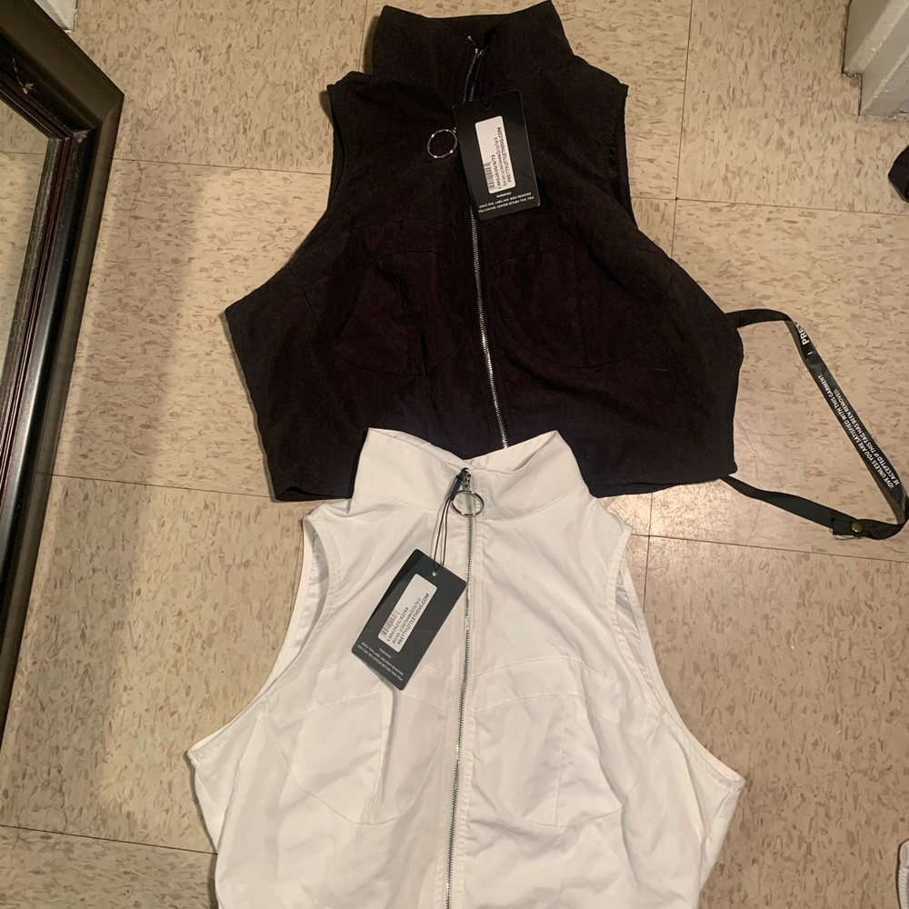 White & black satin cup sleeveless zip crop tops